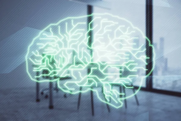 Brain sign hologram with minimalistic cabinet background. Double exposure. Ai concept.