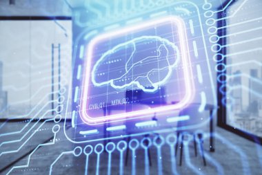 Minimalist dolap arka plan ile beyin işareti hologram. Çift pozlama. Ai kavramı.