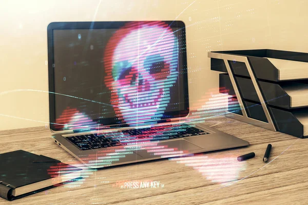 Hacking tema holograma con fondo de oficina de escritorio. Doble exposición . — Foto de Stock