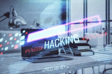Masaüstü ofis arka plan ile Hacking Tema hologram. Çift Pozlama.