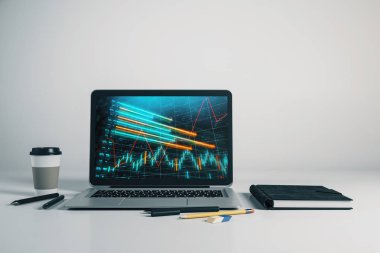 Bilgisayar ekranında Forex grafiği ile dizüstü çekim. Finansal ticaret ve eğitim konsepti. 3B işleme.
