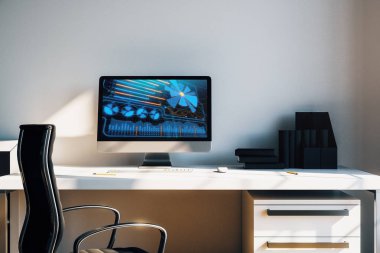 Bilgisayar, masa ve sandalye ile masaüstü iç. Ekranda iş çizim. 3d render.