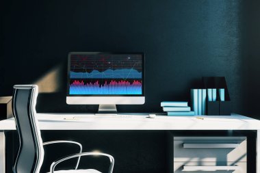 Bilgisayar ekranında finansal grafikler ve grafikler ile kabine masaüstü iç. Hisse senedi piyasası analizi ve ticaret kavramı. 3B işleme.