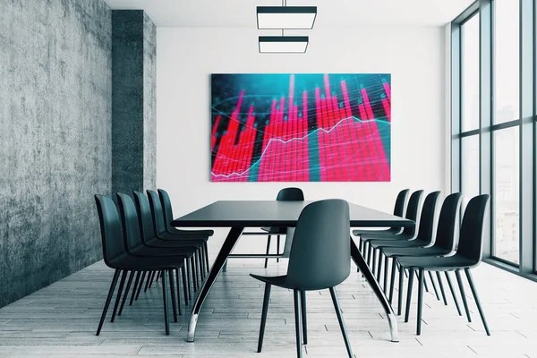 会议室内部,墙上的屏幕监视器上带有财务图表。股票市场分析概念。3d 渲染. — 图库照片