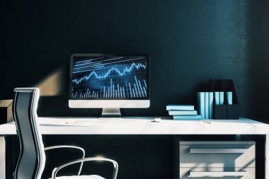 Bilgisayar ekranında finansal grafikler ve grafikler ile kabine masaüstü iç. Hisse senedi piyasası analizi ve ticaret kavramı. 3B işleme.