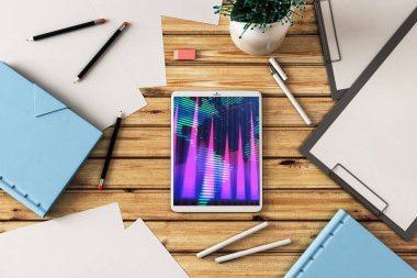 Dijital tablet çekim üst görünümü ile mali grafik ve kısmi Dünya Haritası ekranda. Online uluslararası ticaret uygulama kavramı. 3B işleme.