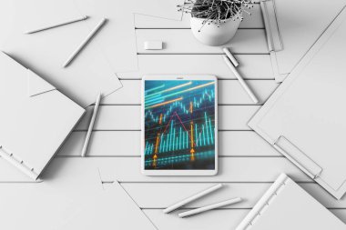 Dijital tablet ekranda mali grafik ile üst görünüm çekim. Online işlem uygulama konsepti. 3B işleme.