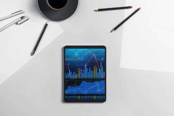 Цифровой планшет крупным планом вид сверху с финансовым графиком на экране. Концепция применения онлайн торговли. 3d-рендеринг . — стоковое фото