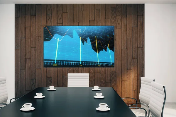 Wnętrze sali konferencyjnej z wykresu finansowego na monitorze ekranowym na ścianie. Koncepcja analizy rynku giełdowego. Renderowanie 3D. — Zdjęcie stockowe