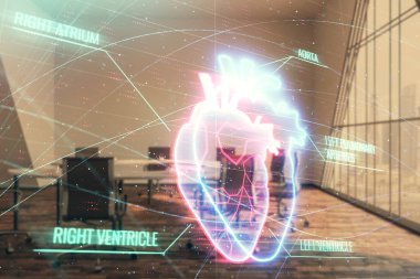 Konferans odası arka planda kalp hologram çift pozlama. Tıp eğitimi konsepti