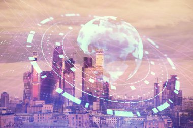 Şehir veiw arka planda Dünya Haritası çift pozlama. Uluslararası ticaret kavramı