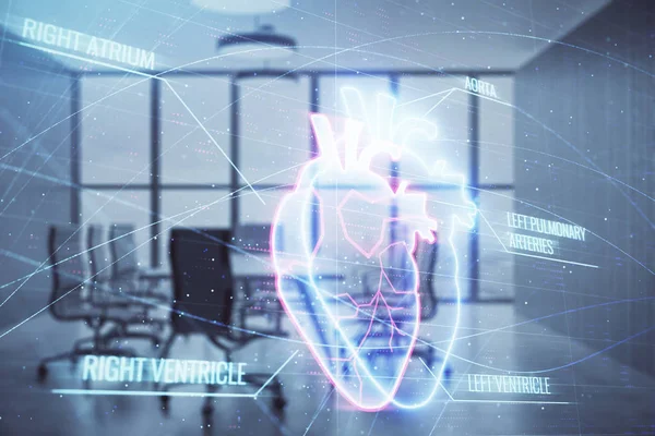 Dupla exposição do holograma cardíaco no fundo da sala de conferências. Conceito de educação médica — Fotografia de Stock