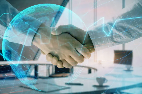 Multi exposure of financial chart and map on office background with two businessmen handshake. Concept of success in business — Stock Photo, Image
