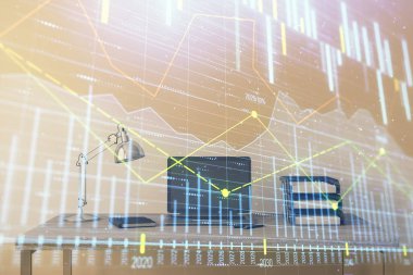 Hisse senedi piyasası grafik ve masaüstü ofis bilgisayar arka plan. Çok pozlama. Finansal analiz konsepti.