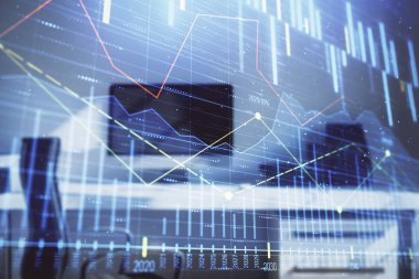 Hisse senedi piyasası grafik ve masaüstü ofis bilgisayar arka plan. Çok pozlama. Finansal analiz konsepti.