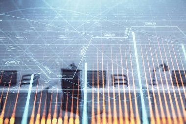 Arka planda ticaret masası banka Ofisi İç ile stok ve tahvil piyasa grafiği. Çok pozlama. Finansal analiz konsepti