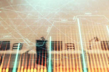 Arka planda ticaret masası banka Ofisi İç ile stok ve tahvil piyasa grafiği. Çok pozlama. Finansal analiz konsepti