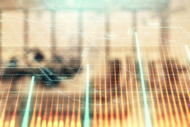 Arka planda ticaret masası banka Ofisi İç ile stok ve tahvil piyasa grafiği. Çok pozlama. Finansal analiz konsepti