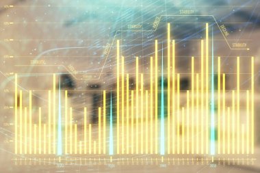 Ticaret masası banka ofisi iç arka planda stok piyasa şeması. Çift pozlama. Finansal analiz konsepti