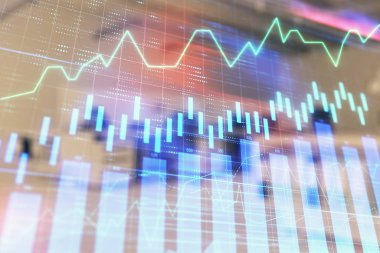 Ticaret masası banka ofisi iç arka planda stok piyasa şeması. Çift pozlama. Finansal analiz konsepti