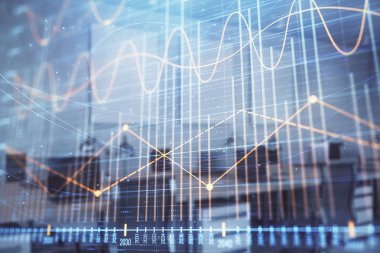Ticaret masası banka ofisi iç arka planda stok piyasa şeması. Çift pozlama. Finansal analiz konsepti