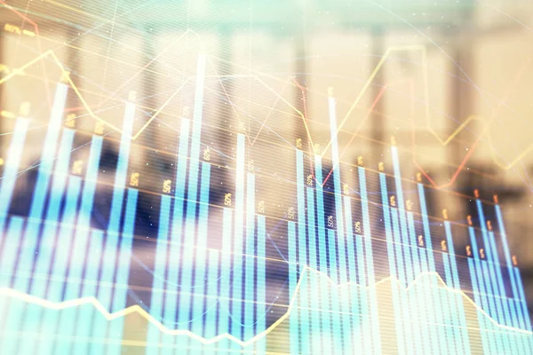 Stock och Bond Market Graph med Trading Desk bankkontor interiör på bakgrunden. Multiexponering. Begreppet finansiell analys — Stockfoto