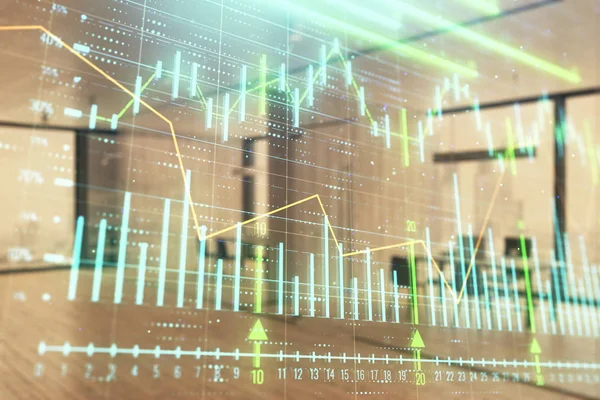 Stock and bond market graph with trading desk bank office interior on background. Multi exposure. Concept of financial analysis