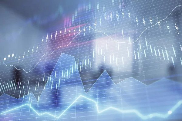 Börsdiagram med Trading Desk bankkontor interiör på bakgrunden. Dubbel exponering. Begreppet finansiell analys — Stockfoto