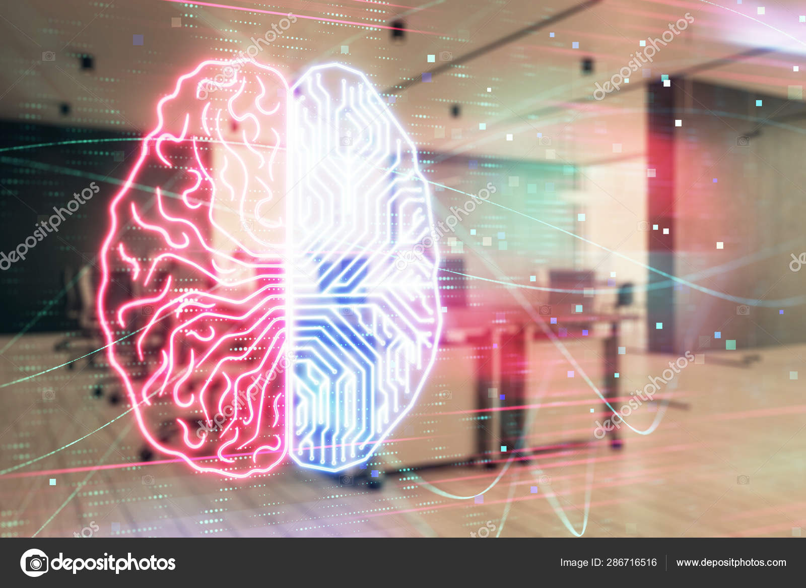 Human Brain Drawing With Office Interior On Background