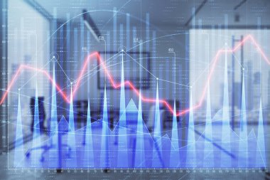 Minimalist kabine iç arka plan ile iş teması grafik hologram. Çift pozlama. Hisse senedi piyasası konsepti.