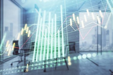 Minimalist kabine iç arka plan ile iş teması grafik hologram. Çift pozlama. Hisse senedi piyasası konsepti.