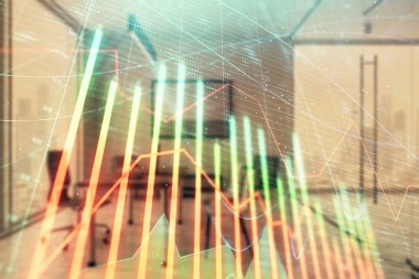 Minimalist kabine iç arka plan ile iş teması grafik hologram. Çift pozlama. Hisse senedi piyasası konsepti.