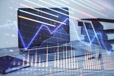 Hisse senedi piyasası grafik ve masaüstü ofis bilgisayar arka plan. Çok pozlama. Finansal analiz konsepti.