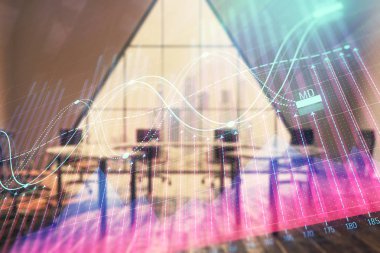 Konferans odası arka planda Forex çizelgesine çift pozlama. Hisse senedi piyasası analizi konsepti