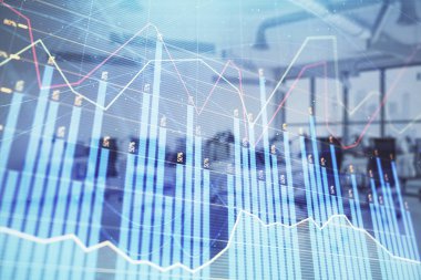 Arka planda ticaret masası banka Ofisi İç ile stok ve tahvil piyasa grafiği. Çok pozlama. Finansal analiz konsepti