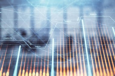 Arka planda ticaret masası banka Ofisi İç ile stok ve tahvil piyasa grafiği. Çok pozlama. Finansal analiz konsepti