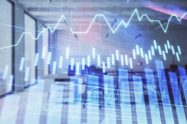 Arka planda ticaret masası banka Ofisi İç ile stok ve tahvil piyasa grafiği. Çok pozlama. Finansal analiz konsepti