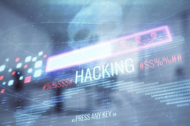 Arka planda ofis iç ile Hacking Tema hologram. Çift pozlama. Siber korsanlık kavramı