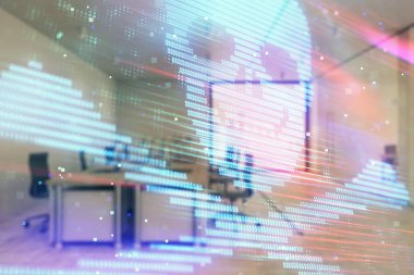 Arka planda ofis iç ile Hacking Tema hologram. Çift pozlama. Siber korsanlık kavramı