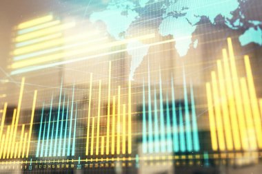 Stok ve tahvil piyasa grafik ve arka planda ticaret masası banka Ofisi İç ile dünya haritası. Çok pozlama. Uluslararası Finans konsepti