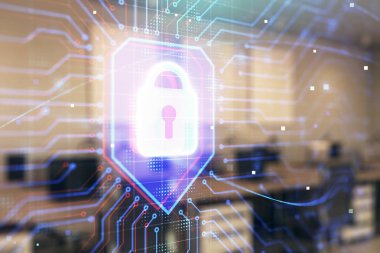 Arka planda ofis iç ile çizim kilit simgesi. Çift pozlama. Veri güvenliği kavramı