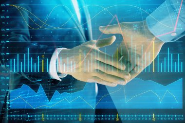 İki işadamı el sıkışması ile soyut arka planda Forex grafik Multi pozlama. Hisse senedi piyasasında başarı kavramı