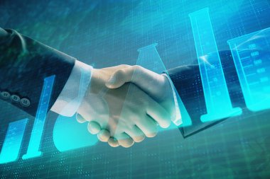 İki erkek el sıkışması ile soyut arka planda laboratuar şişeler hologram Multi pozlama. Eğitim konsepti