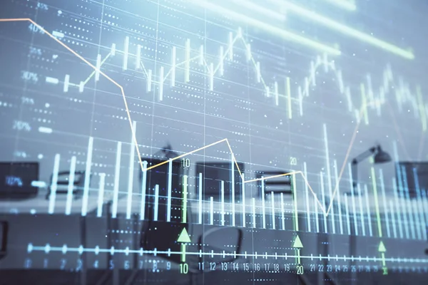 Stock and bond market graph with trading desk bank office interior on background. Multi exposure. Concept of financial analysis