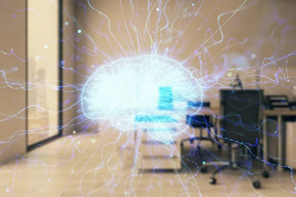 Ludzki mózg rysunek z wnętrza biura na tle. Podwójna ekspozycja. Koncepcja innowacji. — Zdjęcie stockowe