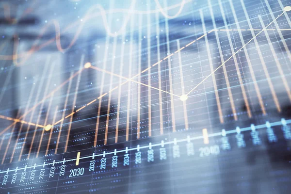 Gráfico del mercado de valores con escritorio de negociación interior de la oficina bancaria en segundo plano. Doble exposición. Concepto de análisis financiero — Foto de Stock