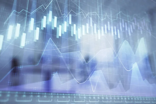 Börsdiagram med Trading Desk bankkontor interiör på bakgrunden. Dubbel exponering. Begreppet finansiell analys — Stockfoto