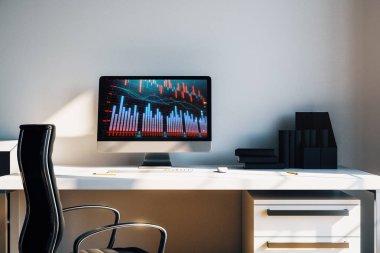 Bilgisayar ekranında finansal grafikler ve grafikler ile kabine masaüstü iç. Hisse senedi piyasası analizi ve ticaret kavramı. 3B işleme.