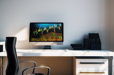 Bilgisayar ekranında finansal grafikler ve grafikler ile kabine masaüstü iç. Hisse senedi piyasası analizi ve ticaret kavramı. 3B işleme.