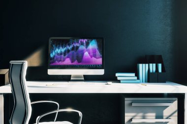 Bilgisayar ekranında finansal grafikler ve grafikler ile kabine masaüstü iç. Hisse senedi piyasası analizi ve ticaret kavramı. 3B işleme.
